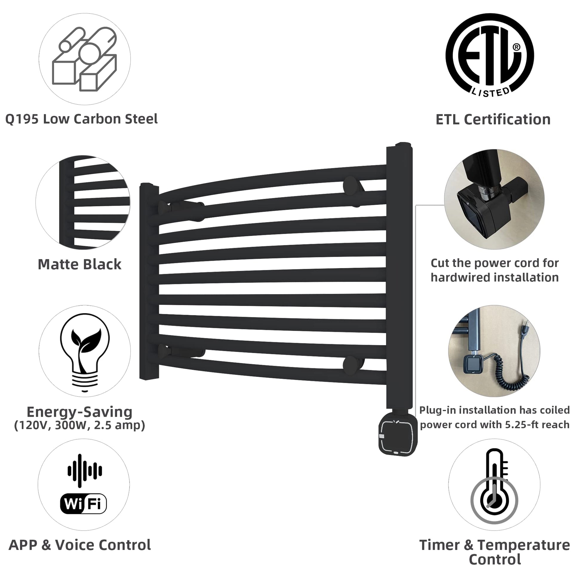 HEAT E Smart Towel Warmer with Timer and Temperature Control, Smart Liquid Filled Towel Rails, Plug-in/Hardwired Wall-Mounted Towel Heater Rack Compatible with and Google Home, Matte Black