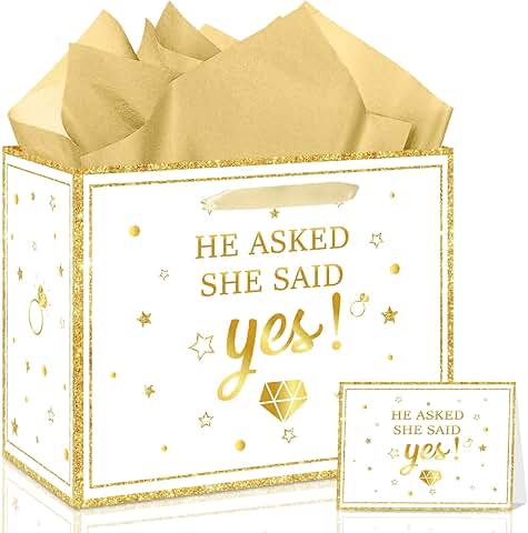 White and Gold Engagement Gift Bag with Tissue and Card