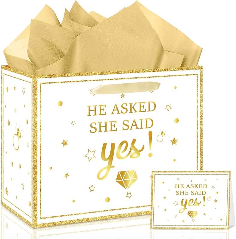 White and Gold Engagement Gift Bag with Tissue and Card