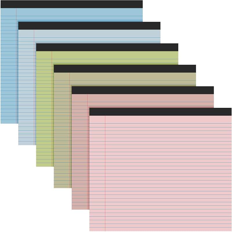 Six 11x9.5-inch college-ruled legal pads in pastel colors