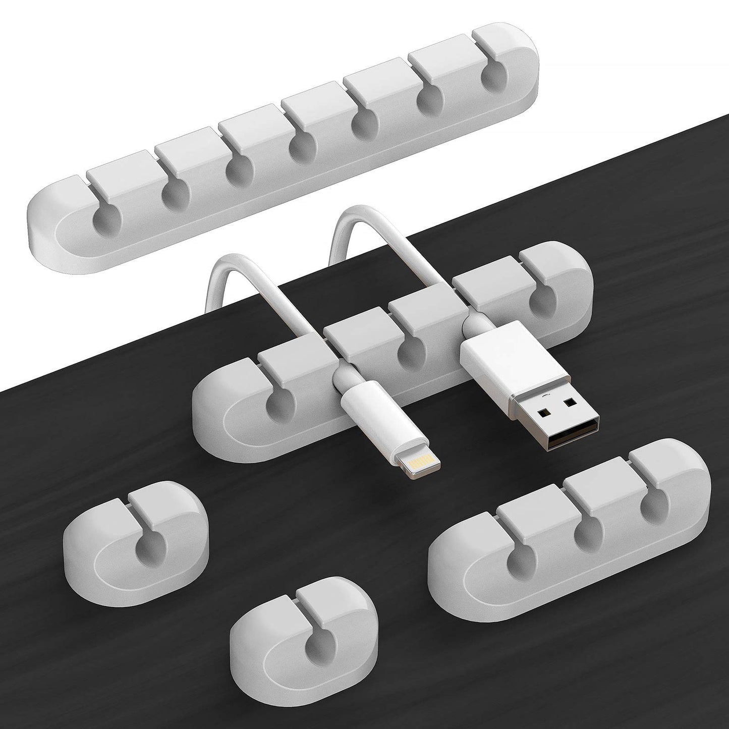 Set of 5 Grey Desk Cable Organizers with Adhesive Holders