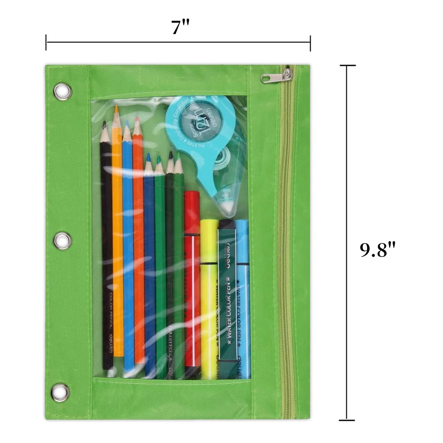 Green 3-Ring Pencil Pouch with Clear Window