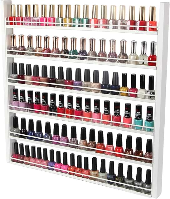 White wood nail polish organizer with 6 shelves for 100 bottles