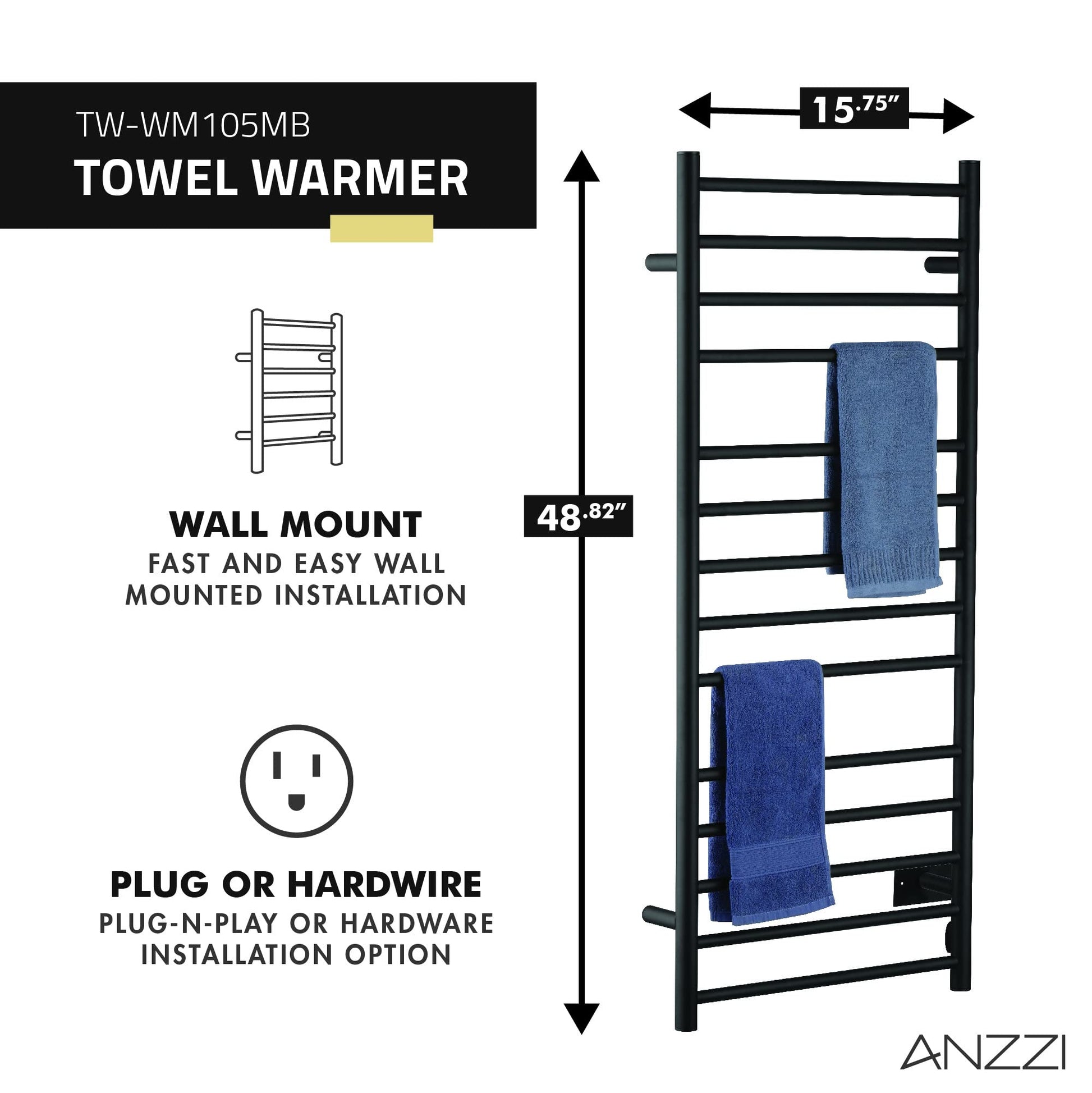 Elgon 14-Bar Stainless Steel Wall Mounted Towel Warmer Rack in Matte Black  160W Quick Warming ETL Tower Heater Rail  Hardwired Plug-in Towel Dryer  TW-WM105MB
