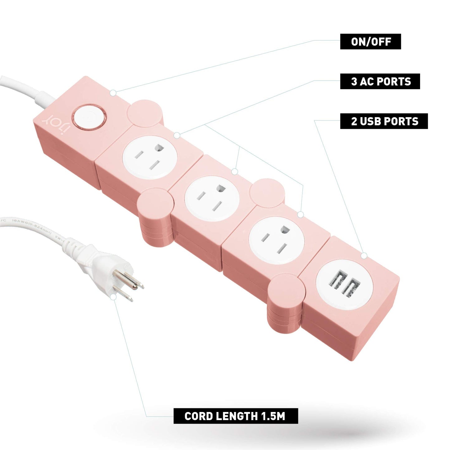 Rotating Surge Protector- 3 AC Outlets and 2 USB Charging Ports with 5 Ft Extension Cord- Power Strip Outlet Extender for Home Office, Dorm, Room and More (Pink)