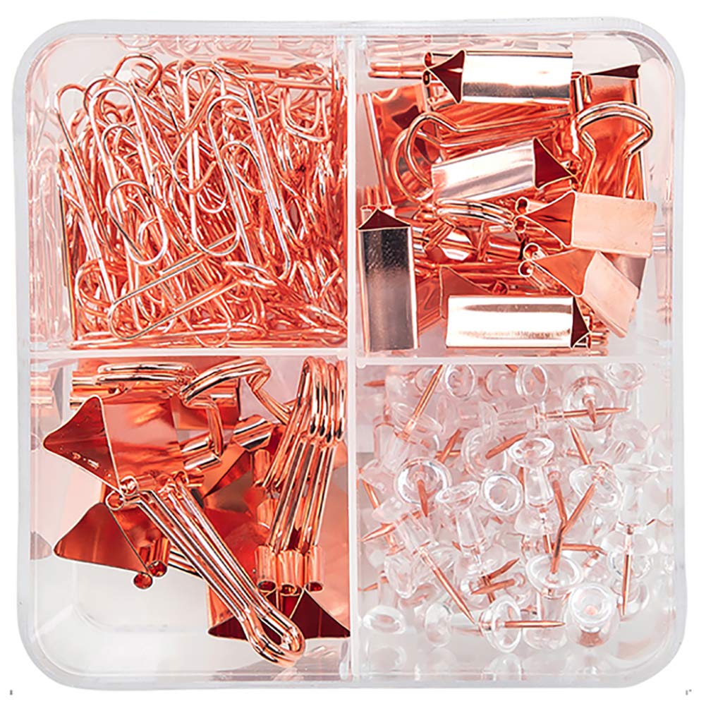 Rose Gold Binder and Paper Clips with Push Pins Set