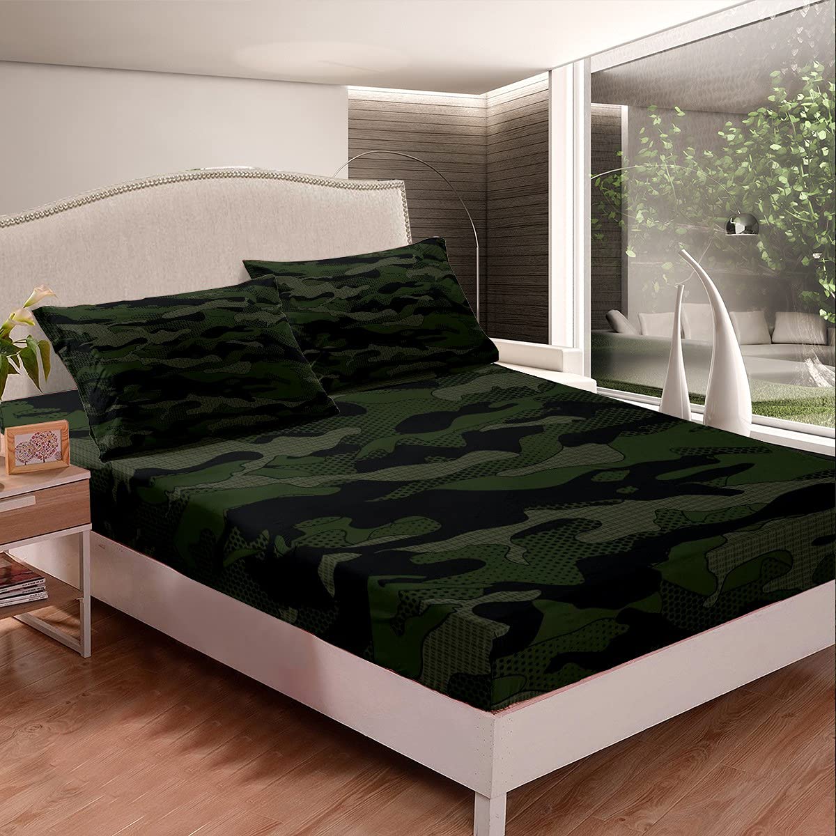 Boys Army Green Bed Sheets Camouflage Military Kids Bed Set Colors Shapes Art Geometry Sheet Set Teens Green Black Sheets 4Pcs Queen Size