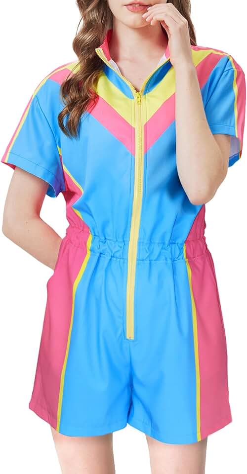 Color Block 80s Women's Windbreaker Jumpsuit