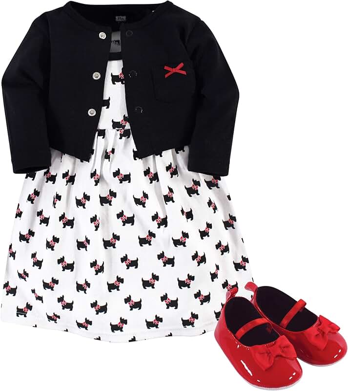 Baby girl's cotton dress, cardigan, and shoes set