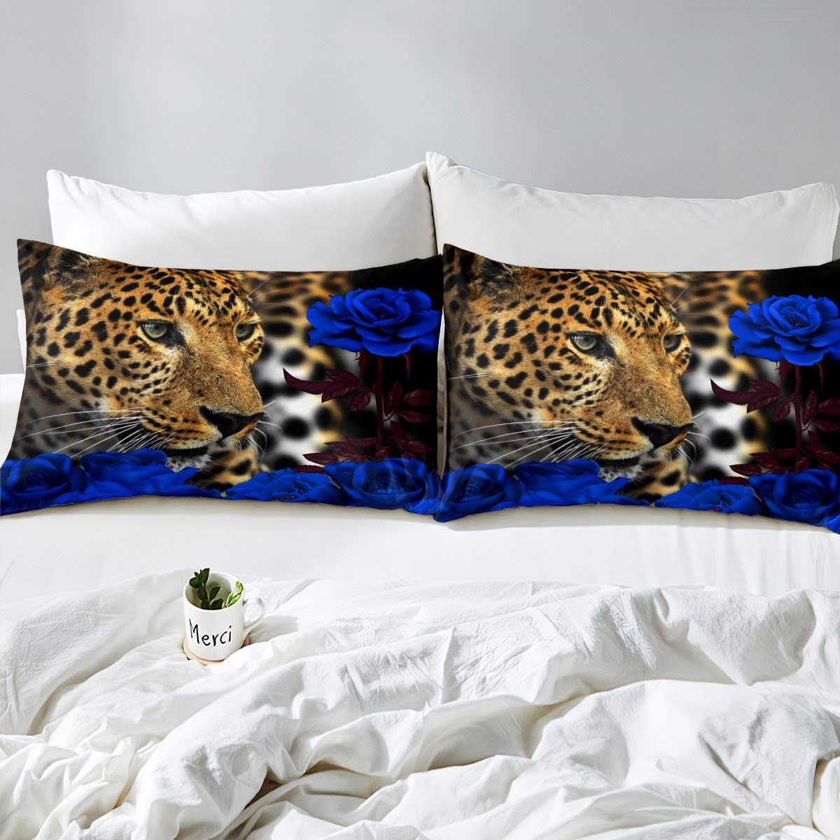 Cheetah Bedding Set Queen Size Blue Rose Flower Leopard Print Duvet Cover Sets, Africa Wild Animal Theme Bed Comforter Cover for Child Teen Girls Boys Women Man Bedroom Decorations