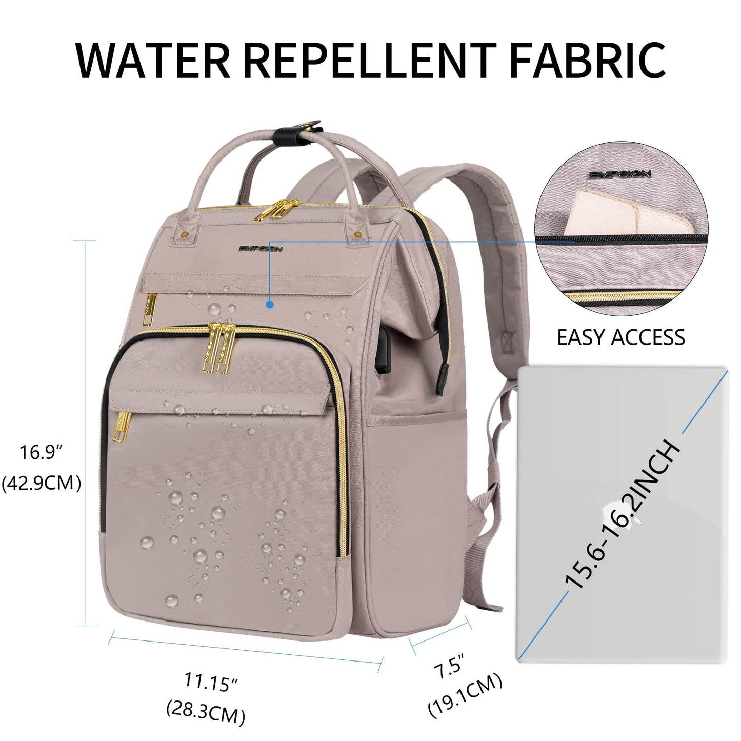 15.6-16.2 Inch Laptop Backpack for Women Water Repellent Back Pack with USB Port & RFID Blocking, Casual Light Weight College Student Book Bag for Travel School Work/ Light Dusty Pink