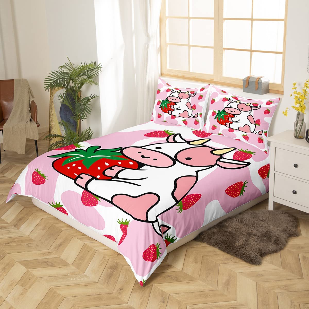 Milk Cow Duvet Cover Pink White Cow Str berry Pattern Comforter Cover Bedding Set for Kids Adults K aii Girls Milk Cow Print Bedspread Cover Ultra Soft Room Decor Queen Bedclothes Zipper