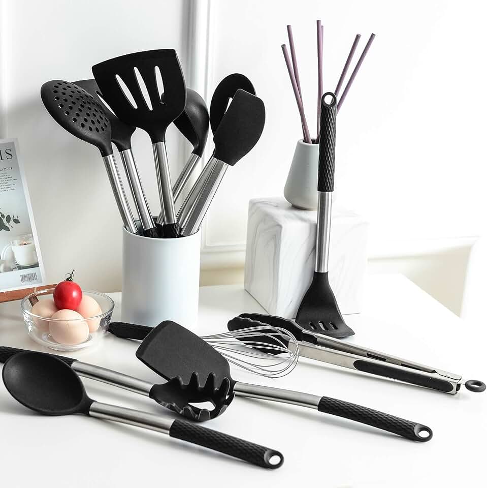 12-Piece Silicone Cooking Utensil Set with Stainless Steel Handles
