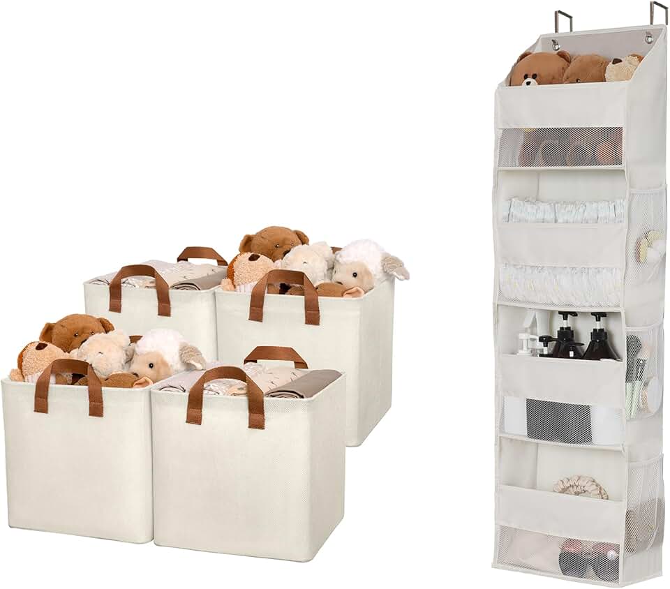 Bundle of 4 cube storage bins and 1 over door organizer