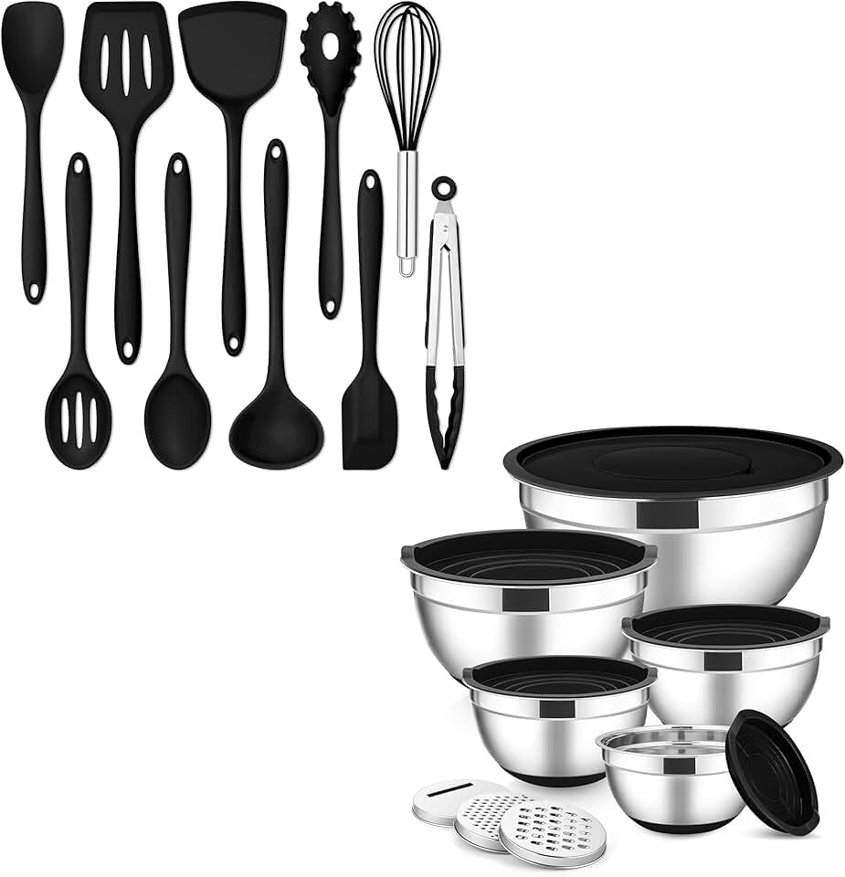 Silicone Cooking Utensils and Stainless Steel Bowls Set