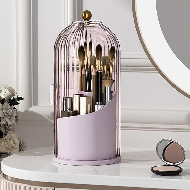 Pink 360° Rotating Makeup Brush Holder with Lid