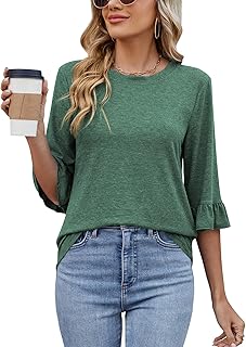 Women's 3/4 Sleeve Casual Crew Neck Ruffle Tunic Top