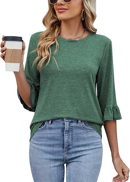 Women's 3/4 Sleeve Casual Crew Neck Ruffle Tunic Top