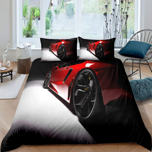 Boys Red Sports Car Comforter Cover Full Size Speed Race Car Bedding Set for Kids Teen Young Man Extreme Automotive Duvet Cover 3Pcs Soft Breathable Bedroom Decor Sports Car Bedclothes