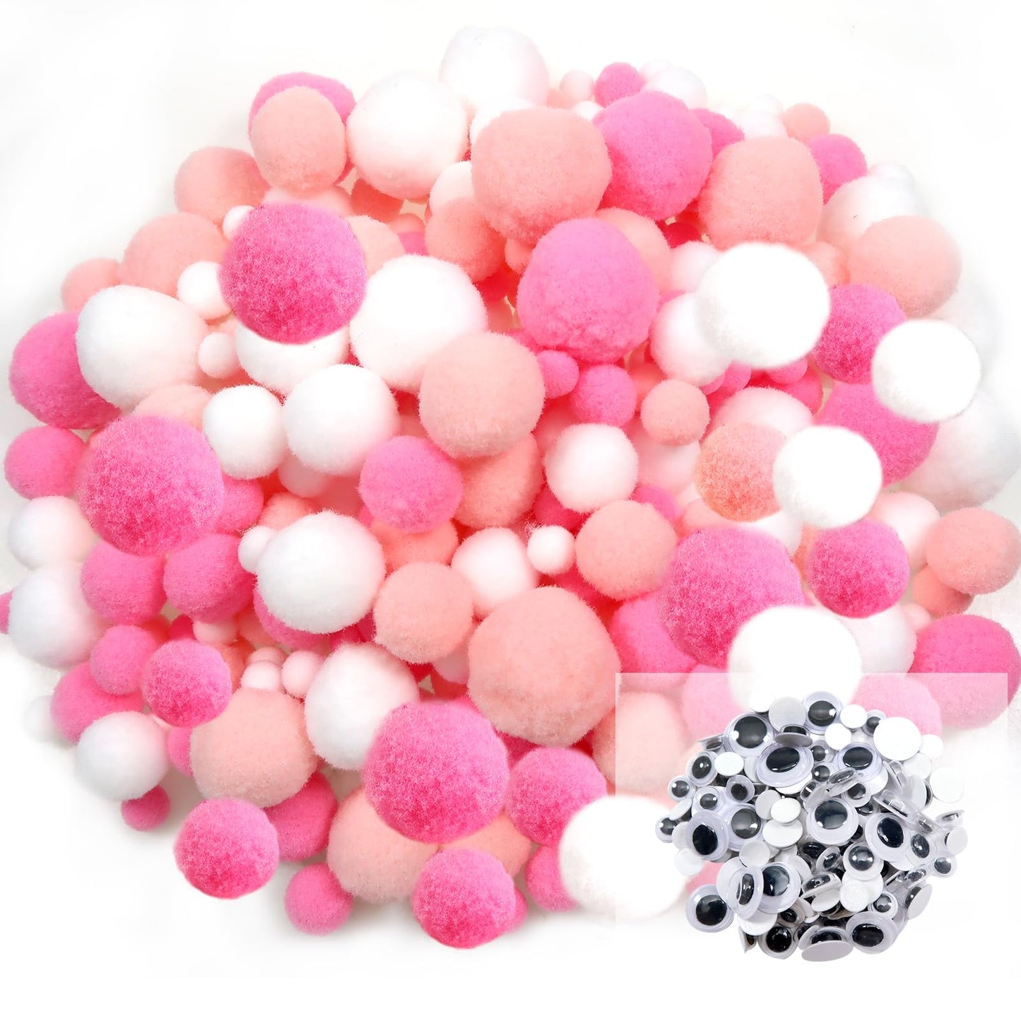 1300pcs White Pink Assorted Pompoms with Wiggle Eyes