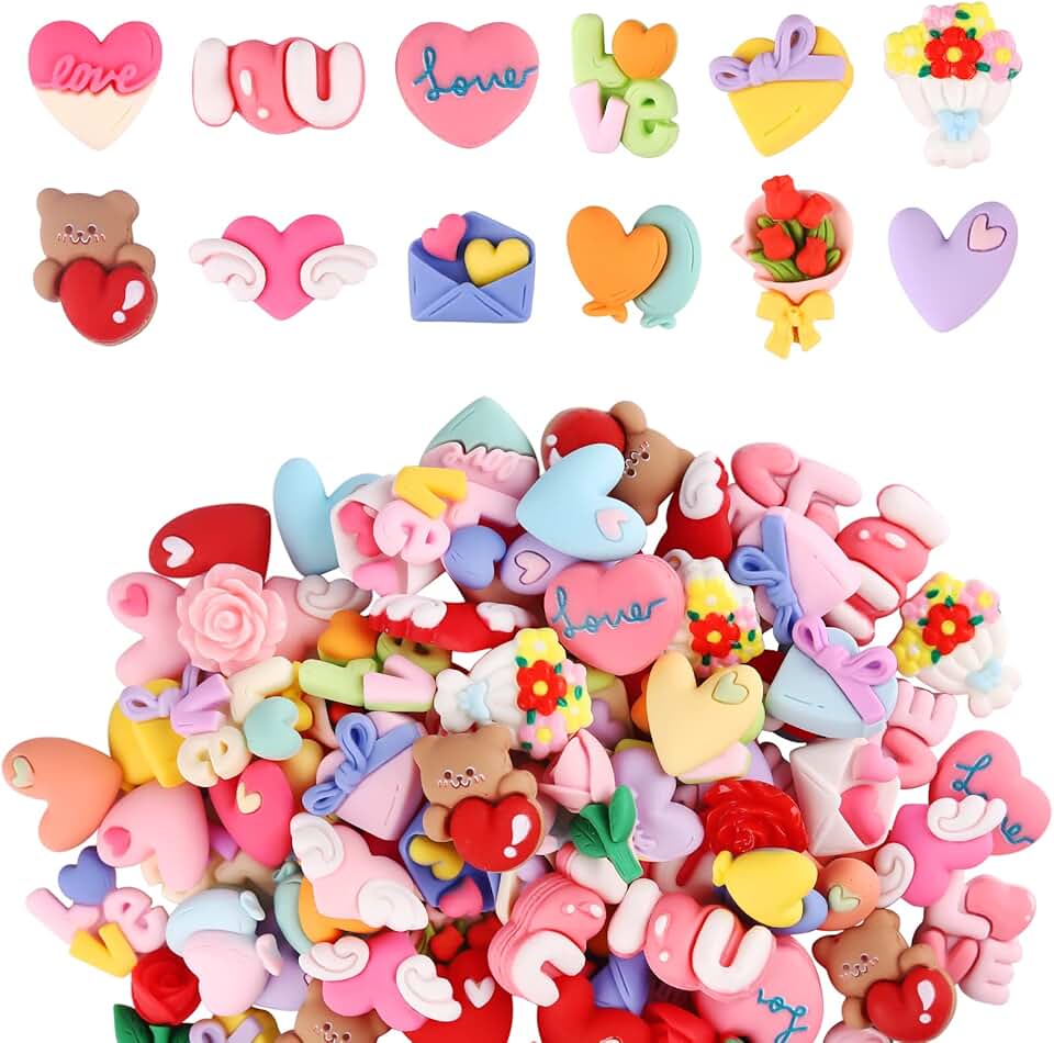 100 Valentine’s Day Resin Heart and Flower Charms