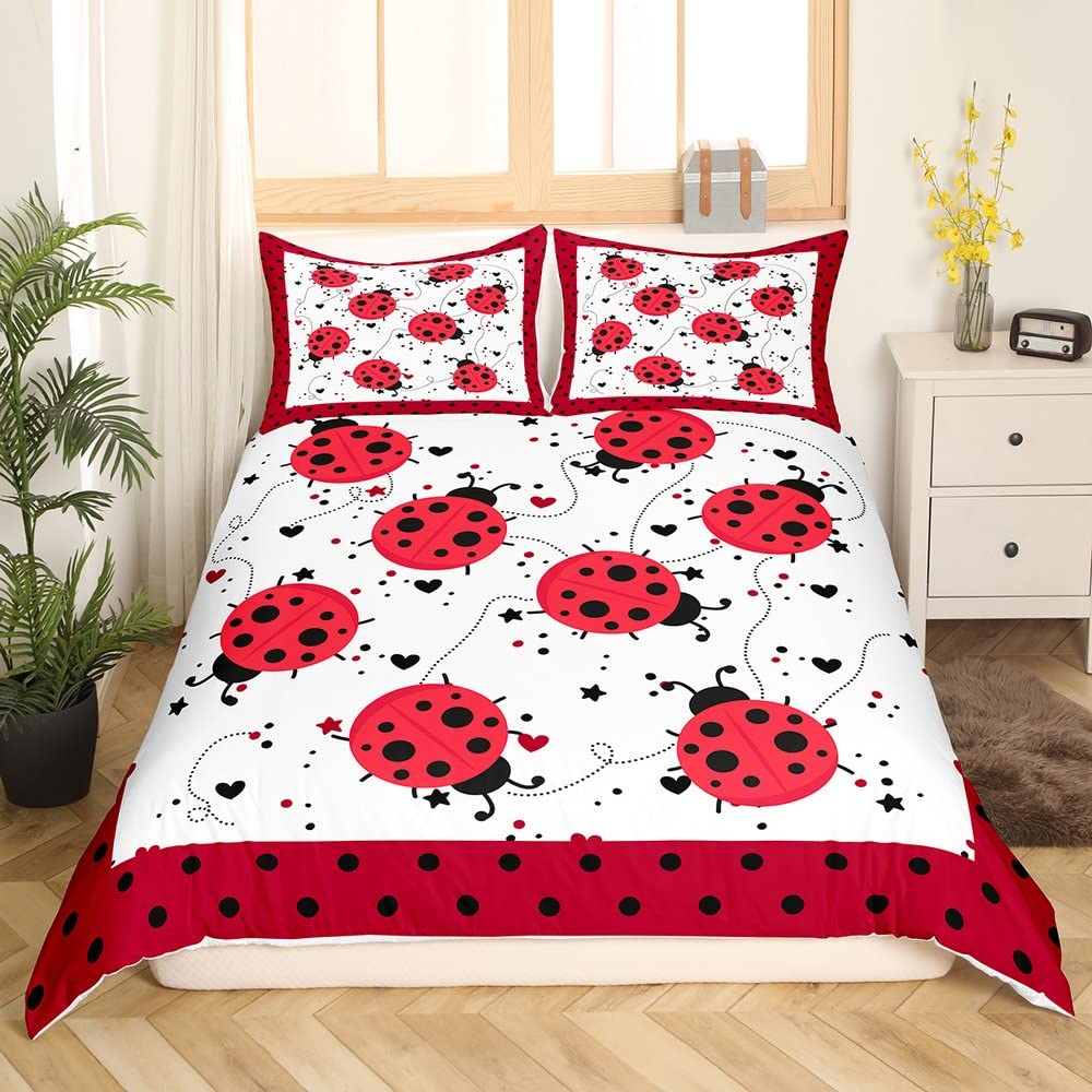 Red Ladybug Duvet Cover Queen Size Cartoon Ladybugs Bedding Set for Kids Child,Cute Ladybird Reptile Comforter Cover Beetles Bugs Pattern Bed Sets Chic Nature Art Lady Beetle Wild Animal Room Decor