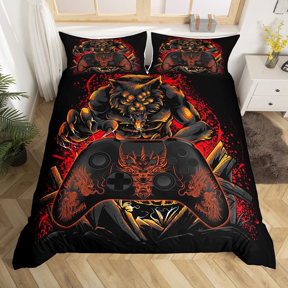 Gamer Bedding Sets for Boys Gamer Room Decor Games Duvet Cover Set Gaming Comforter Cover for Kids Teen Bedroom Dragon Gamepad Bedspreads Cover with 2 Pillow Cases Full Size