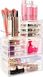 Large Clear Makeup Organizer with 9 Drawers and Rotating Brush Holder