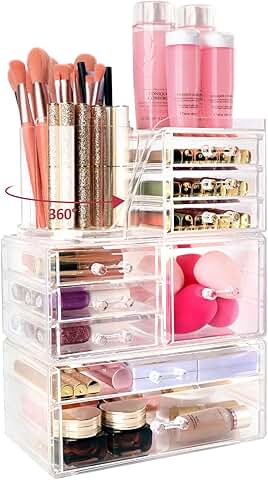 Large Clear Makeup Organizer with 9 Drawers and Rotating Brush Holder