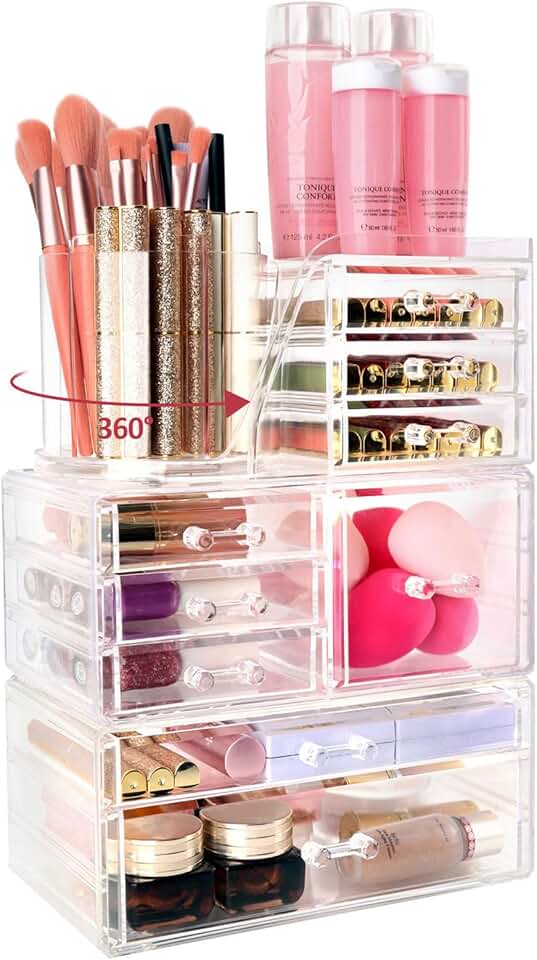 Large Clear Makeup Organizer with 9 Drawers and Rotating Brush Holder