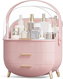Pink makeup organizer with drawers and transparent cover