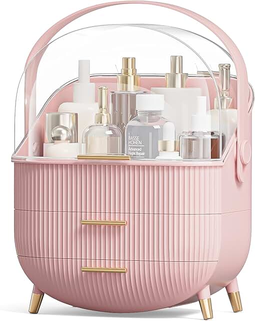 Pink makeup organizer with drawers and transparent cover
