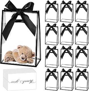 24 Clear Plastic Gift Bags with Handles and Ribbons
