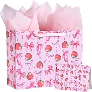Large Pink Strawberry Gift Bag with Card and Tissue