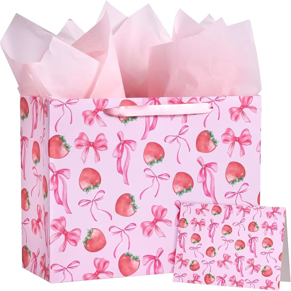 Large Pink Strawberry Gift Bag with Card and Tissue