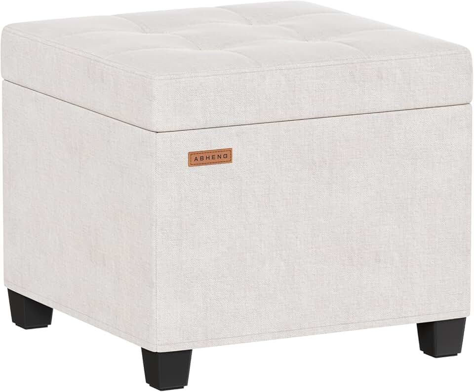 White 17.7-inch Chenille Ottoman with Storage