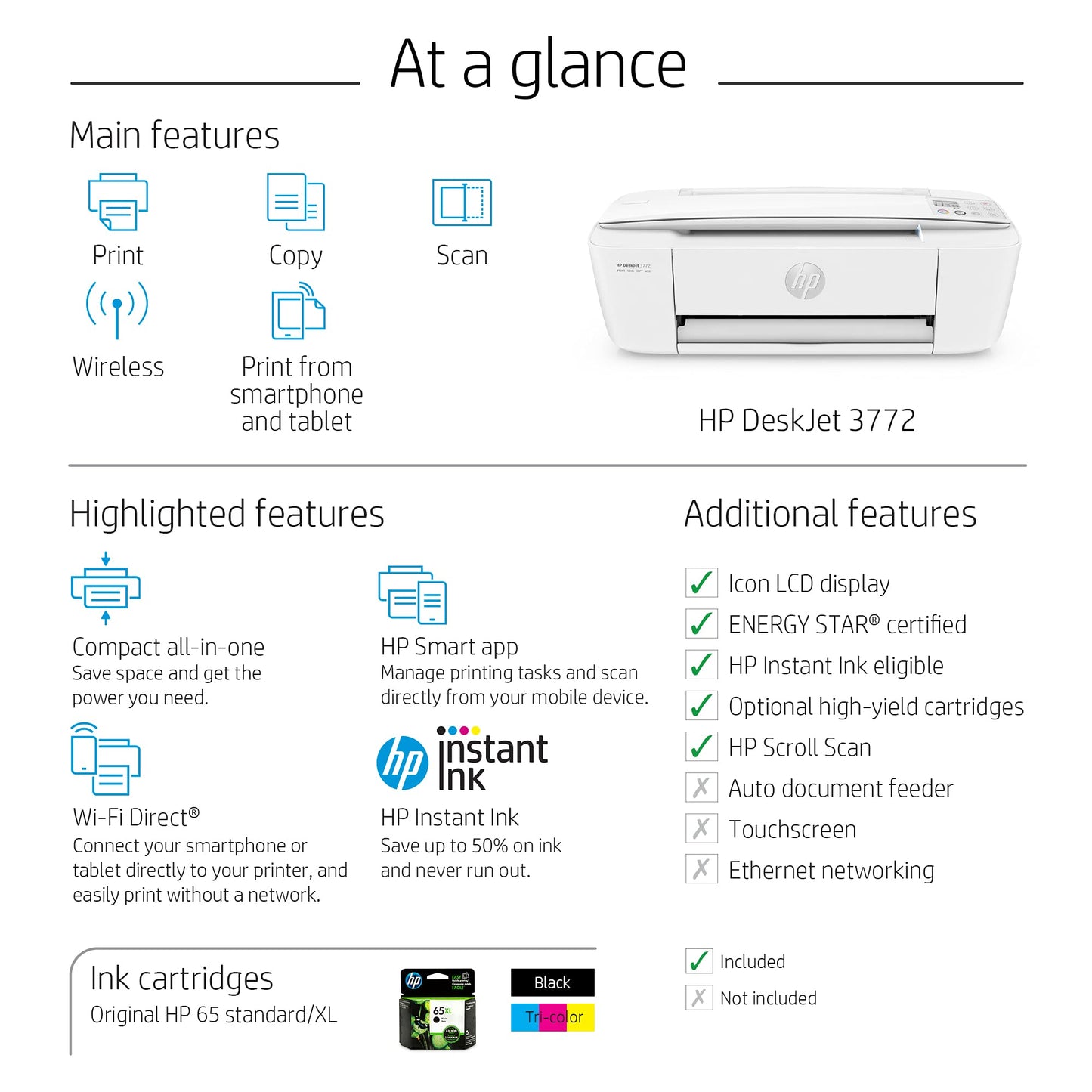 DeskJet 3772 All-in-One Wireless Color Inkjet Printer, Scan and Copy, Instant Ink Ready, T8W88A (Renewed)