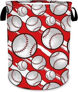 Red baseball-themed foldable laundry basket, 15.7"x19.6"