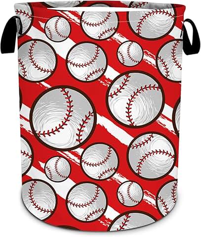 Red baseball-themed foldable laundry basket, 15.7"x19.6"