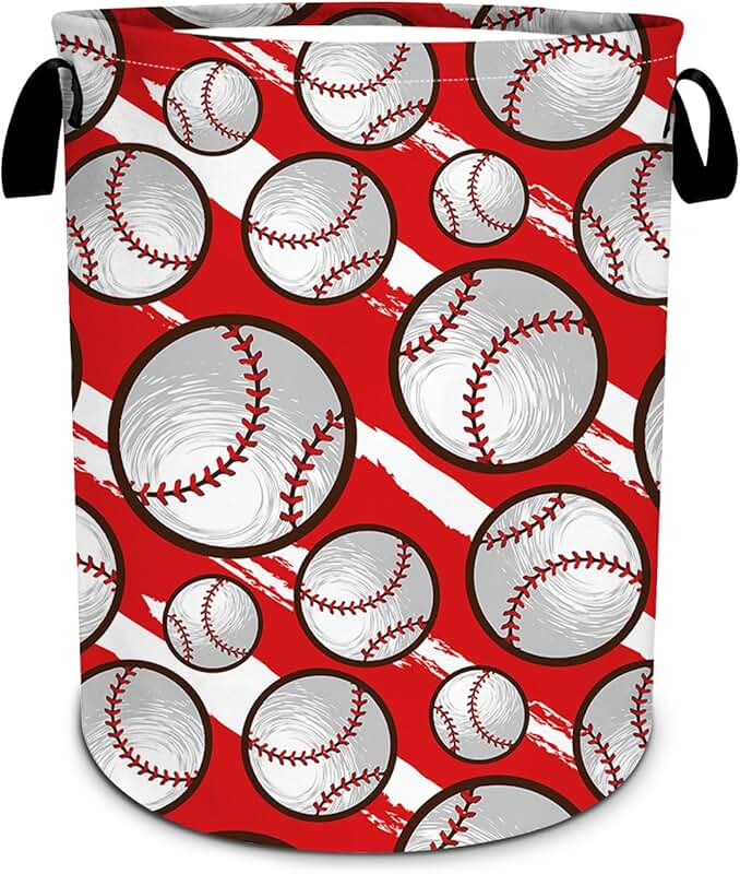 Red baseball-themed foldable laundry basket, 15.7"x19.6"