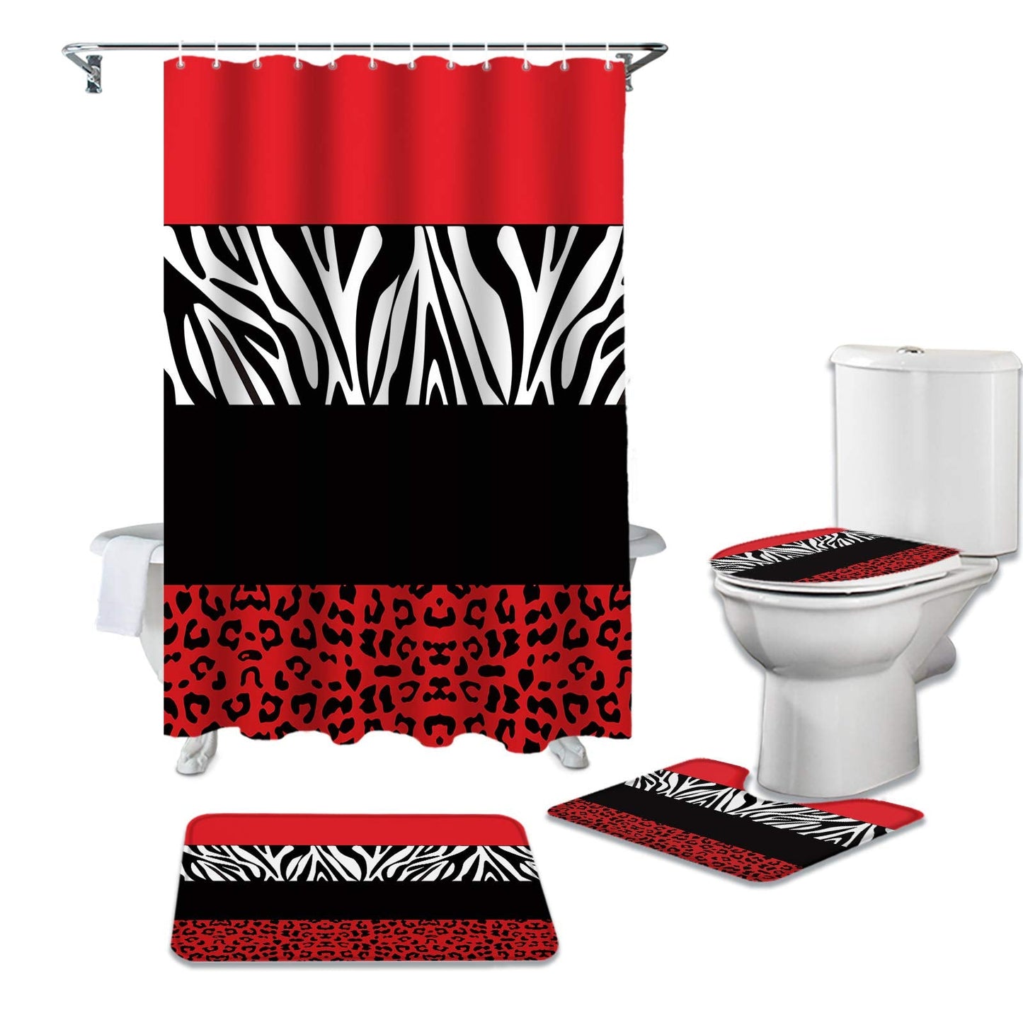 4 Piece Shower Curtain Sets Stylish Zebra Leopard Red Retro Art Illustration Stripes Non- Rug, Tet Lid Cover, Bath Mat Waterproof Shower Curtain Bathroom Sets with 12 Hooks Bath Decor