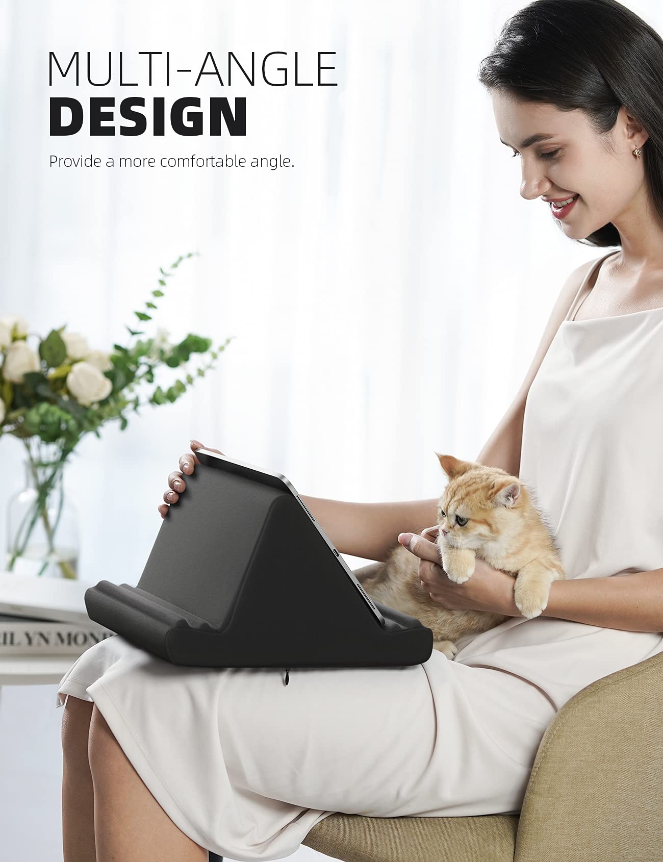 Tablet Pillow Holder, Pillow Soft Pad - Tablet Stand Dock for Lap, Bed and Desk with Pocket & 4 Viewing Angles, for 2021 iPad Pro 11, 10.5,12.9 Air Mini, Kindle, 4-13" Phone and Tablet, Black