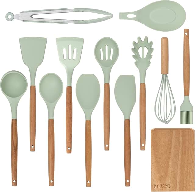 13-Piece Non-Stick Silicone Kitchen Utensil Set with Wooden Holder