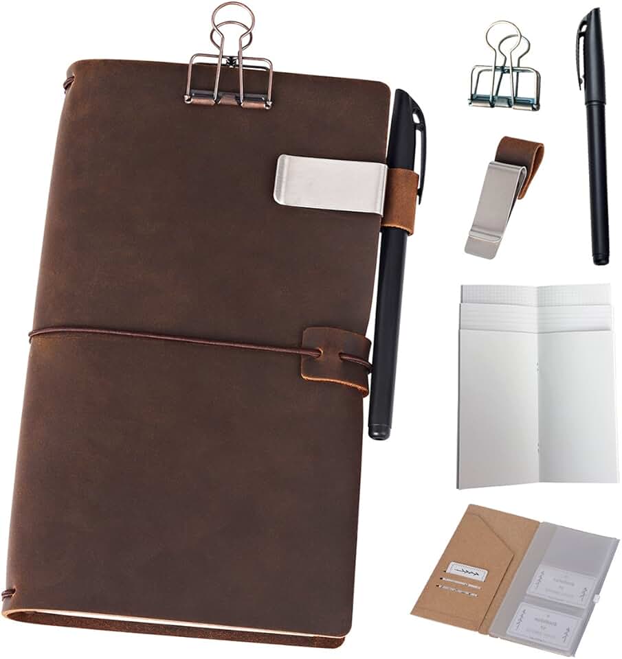 Refillable Leather Travel Journal with Inserts and Pen Holder