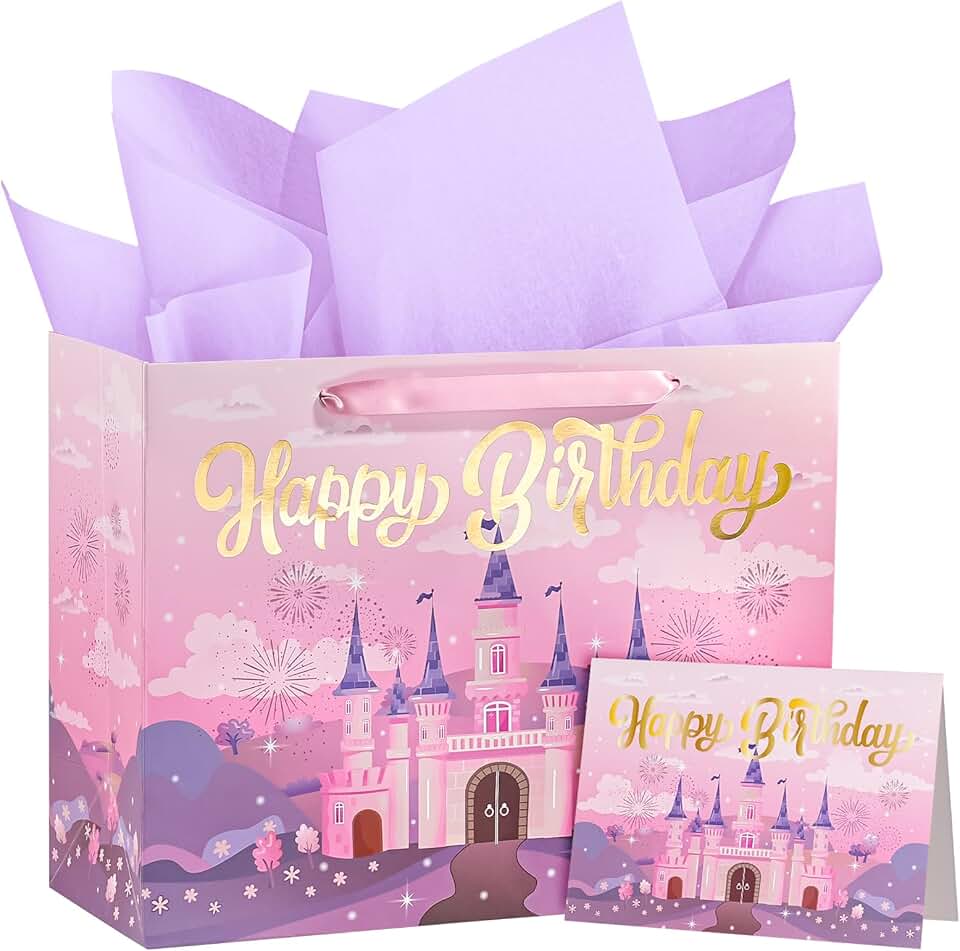 13-inch purple princess gift bags with tissue and card