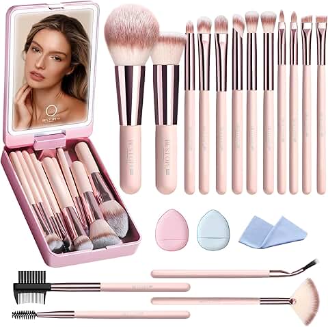20-Piece Pink Travel Makeup Brush Set with Mirror and Puffs