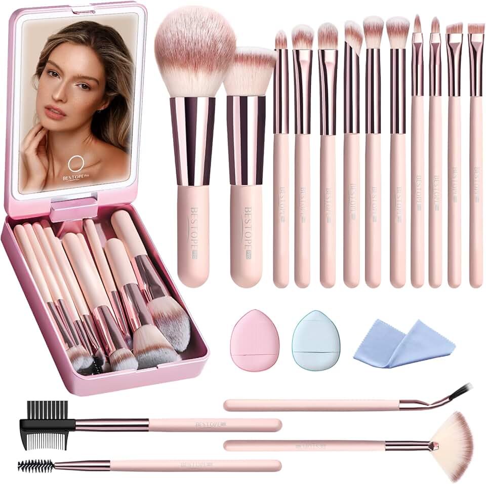 20-Piece Pink Travel Makeup Brush Set with Mirror and Puffs