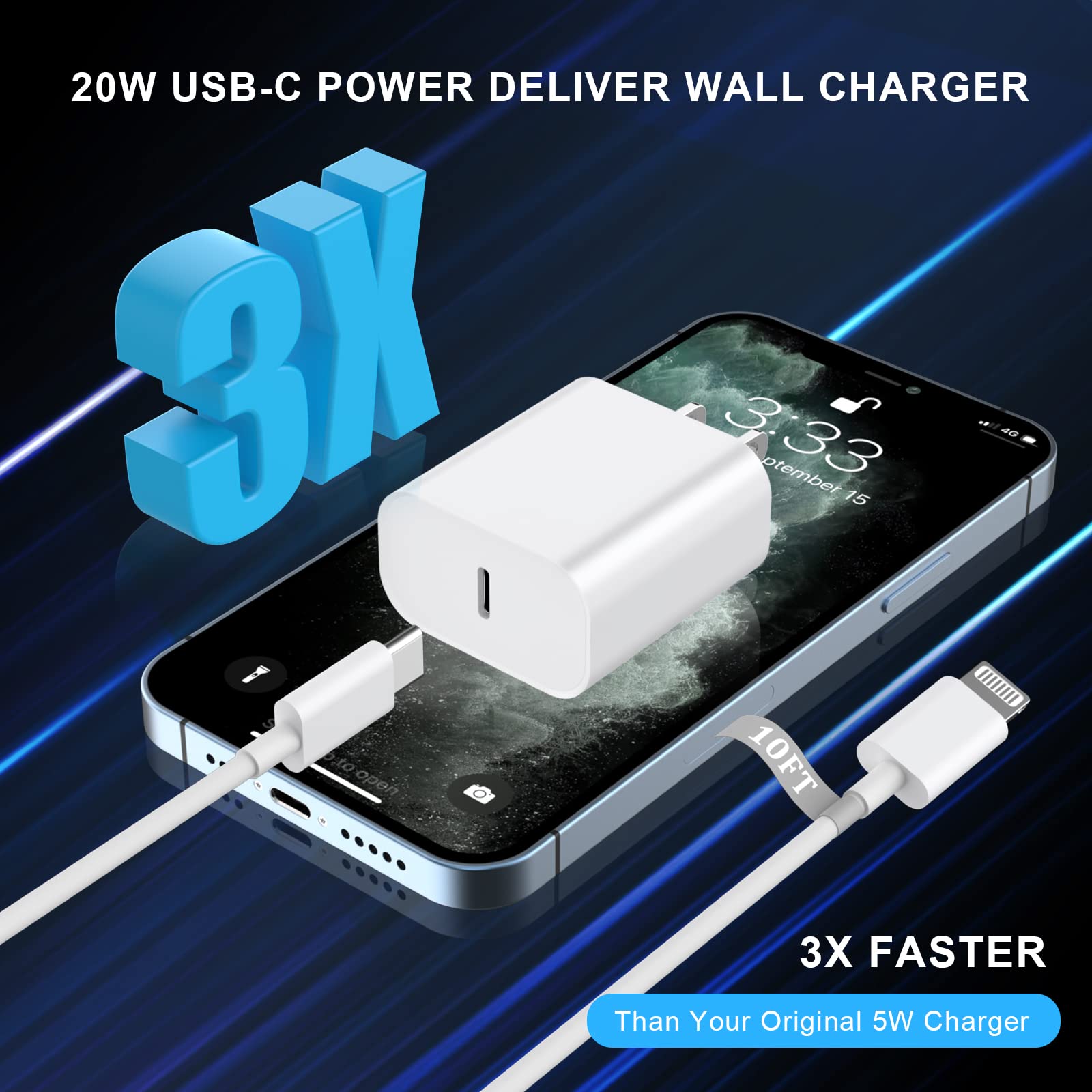 iPhone Charger Fast Charging 10 FT [Apple MFi ], 2 Pack PD 20W USB C Wall Charger Block with 10FT Long Type C to Lightning Fast Charging Data Sync Cable for iPhone 14 13 12 11 XS XR X 8 iPad