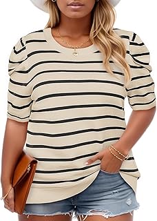 Plus Size Short Puff Sleeve Striped Sweater Top