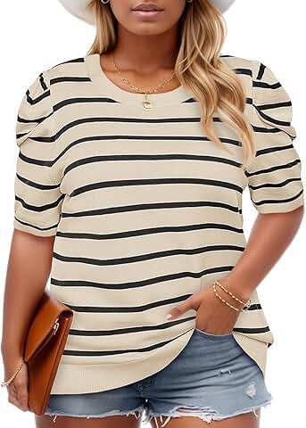 Plus Size Short Puff Sleeve Striped Sweater Top